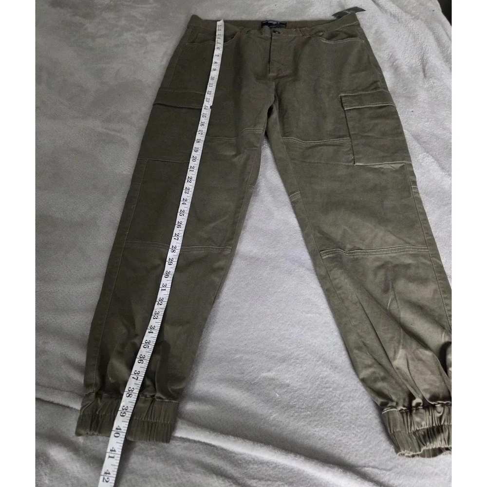 Forever 21 Pants Mens Medium Green Canvas Cargo Joggers Stretch Pockets Casual
